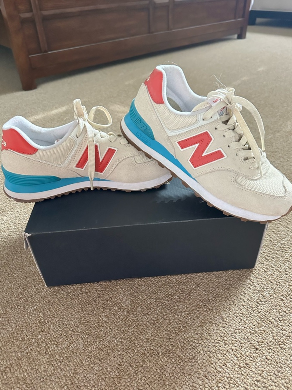 New Balance 374 Beige Sneakers with Coral N Logo and Teal Heel